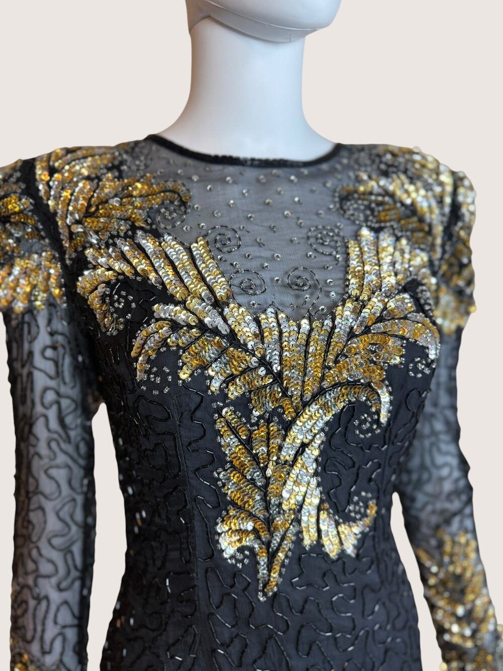 Vintage Black Gold Sequin Beaded Cocktail Dress Sheer Long Sleeve